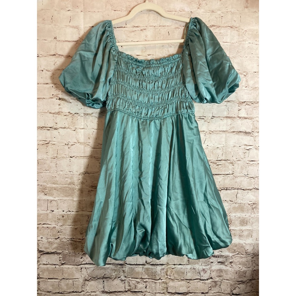 Babydoll Dress Medium Seafoam Green Satin Bubble Hem Puff‎ Sleeve Romantic Smock